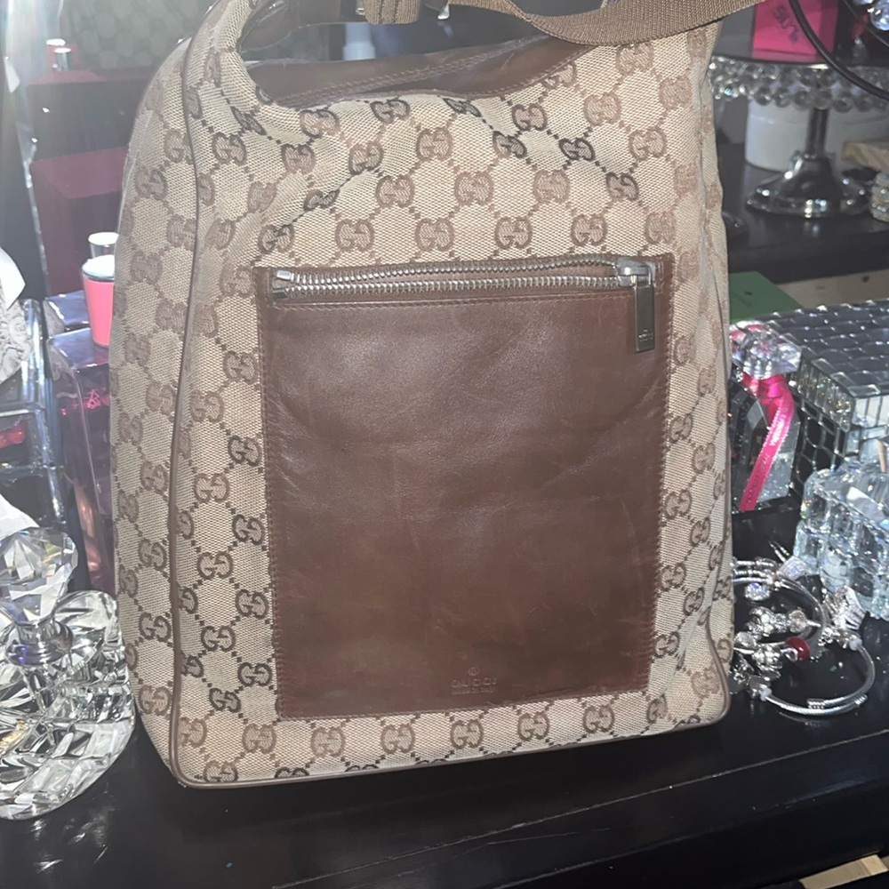 Gucci GUC+ Vintage Tan GG Monogram wBrown Leather Trim Shoulder Bag